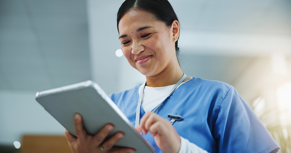Healthcare, female nurse and tablet for research, medical info or diagnosis results with smile. Hospital, pediatric or digital for report analysis, online consultation or telehealth with wellness app.
